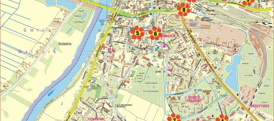 mapa z lokalizacjami łąk kwietnych w Malborku