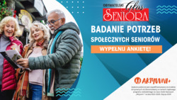 plakat z informacją o badaniu i zdjęciem trójki seniorów