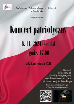 plakat z informacjami o koncercie, w tle flaga Polski