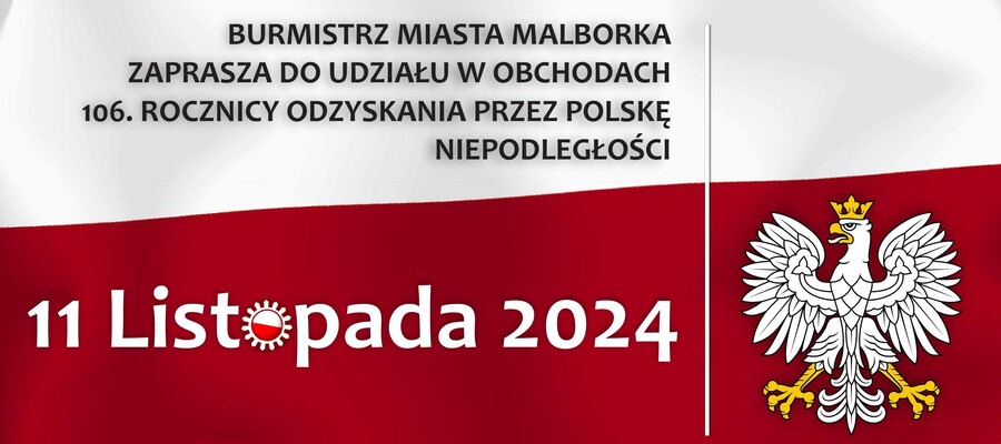 grafika z godłem Polski i zaproszeniem burmistrza do udziału w obchodach