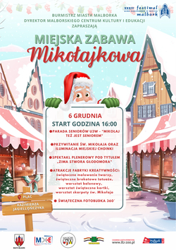 plakat imprezy z programem i grafiką z Mikołajem, świątecznym miastem i logami organizatorów