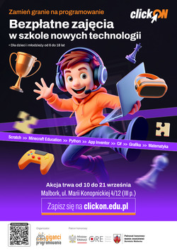 plakat z informacjami i grafiką chłopca z akcesoriami komputerowymi