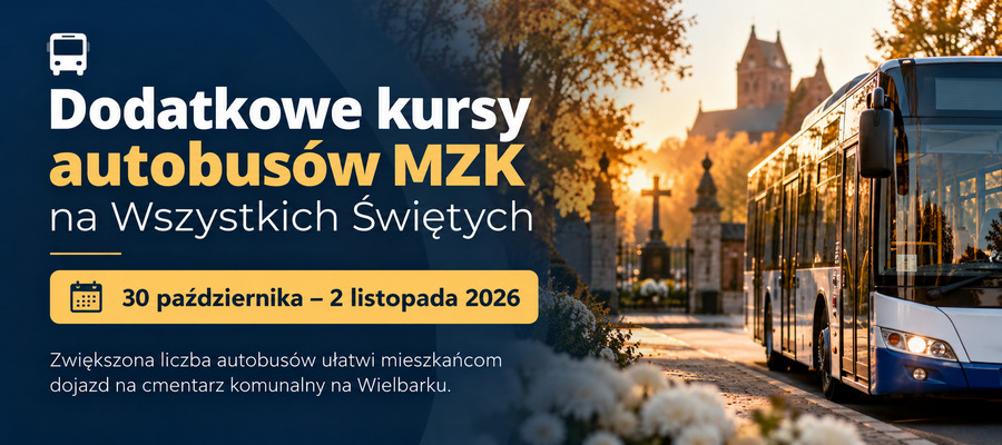 grafika z informacją, zdjęciem autobusu i wejścia na cmentarz
